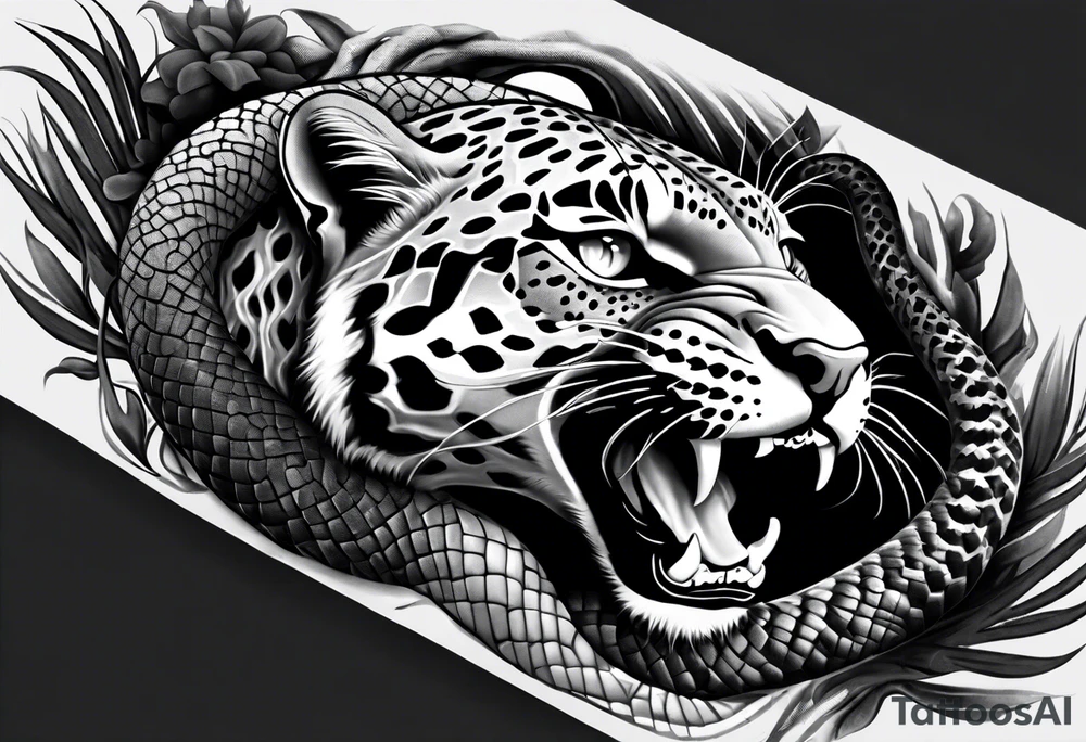 Black and grey realism with a pit viper snake, jaguar, and rainforest background for a forearm sleeve. Create the snake and jaguar to have aggressive features. I want the jaguar and snake separately tattoo idea
