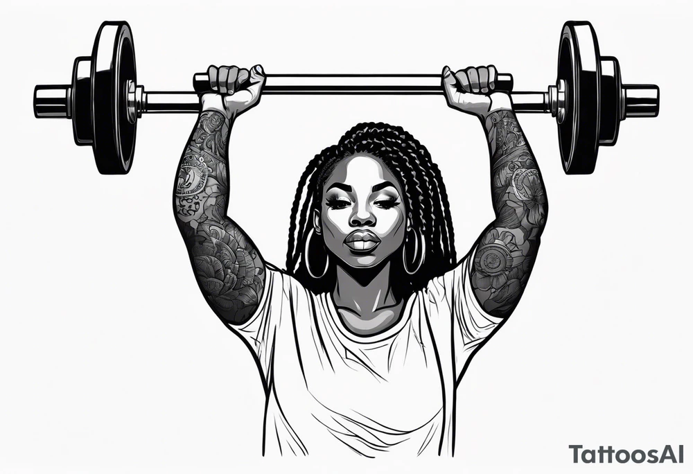 Black woman with locs holding barbell tattoo idea