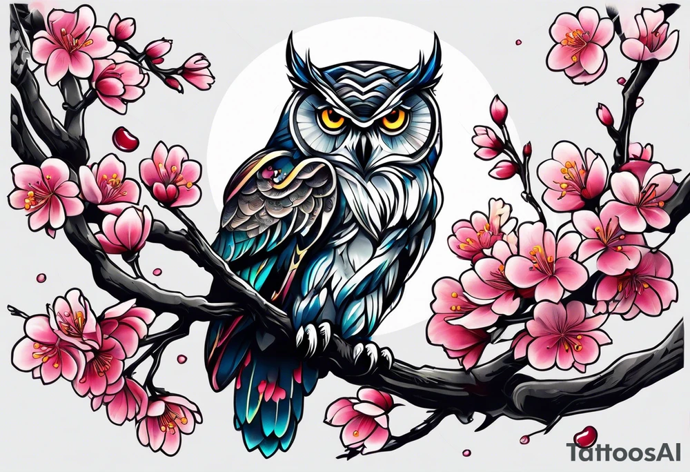 Owl and cherry blossoms tattoo idea