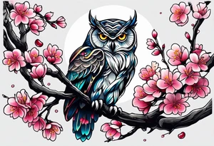 Owl and cherry blossoms tattoo idea