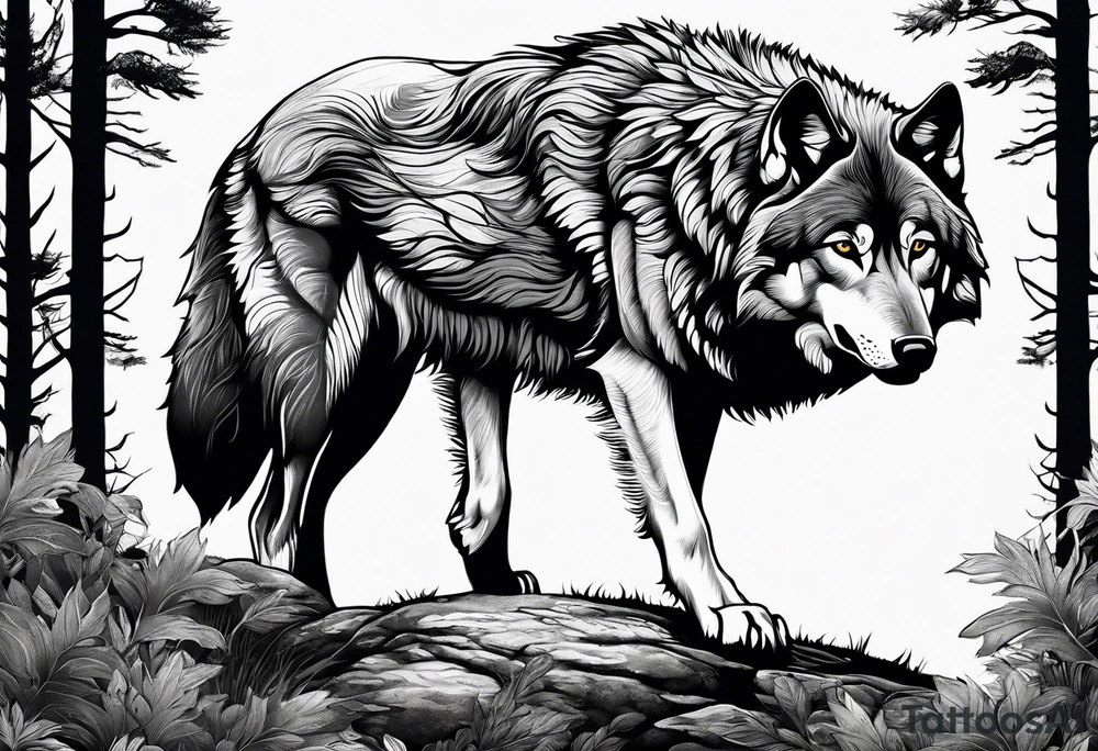 Forest with a wolf walking tattoo idea