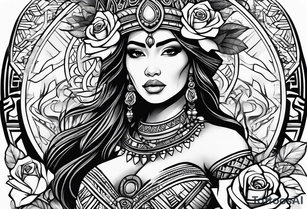 Mayan princess with roses & desert tattoo idea