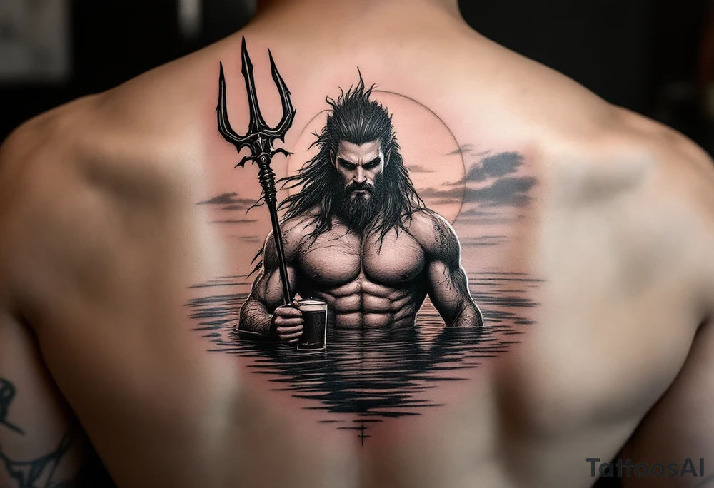 young, fit poseidon in calm water, behind a trident, holding a beer, with sunset tattoo idea