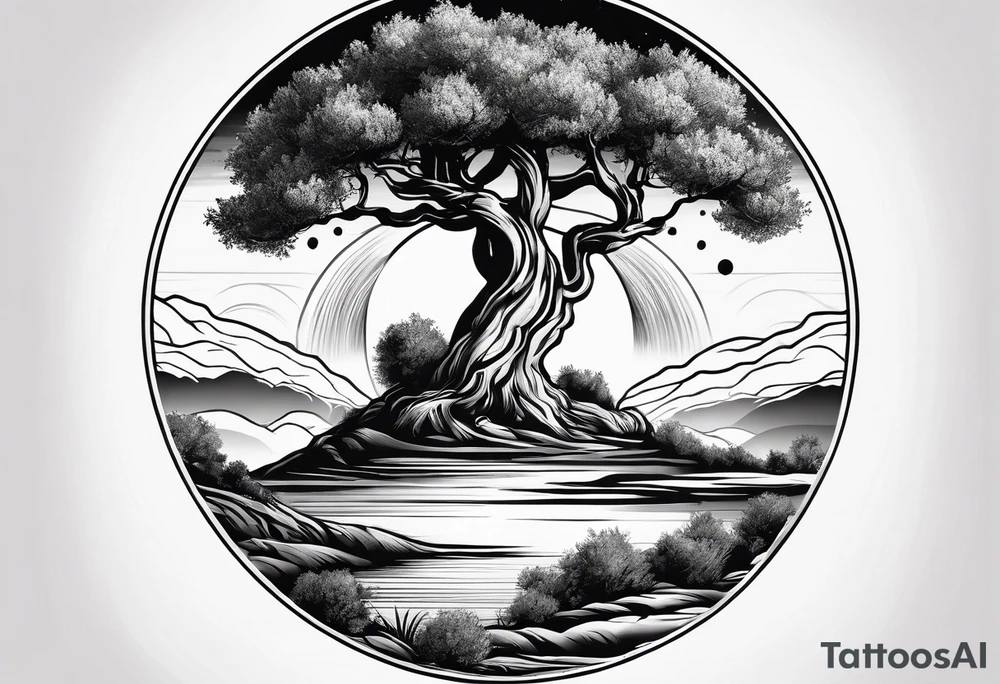 an olive tree and Saturn at its back tattoo idea