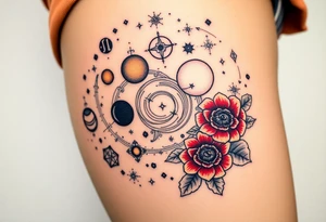 Milky way galaxy with planets with zodiac symbols and protection runes in it with red roses and sunflowers tattoo idea
