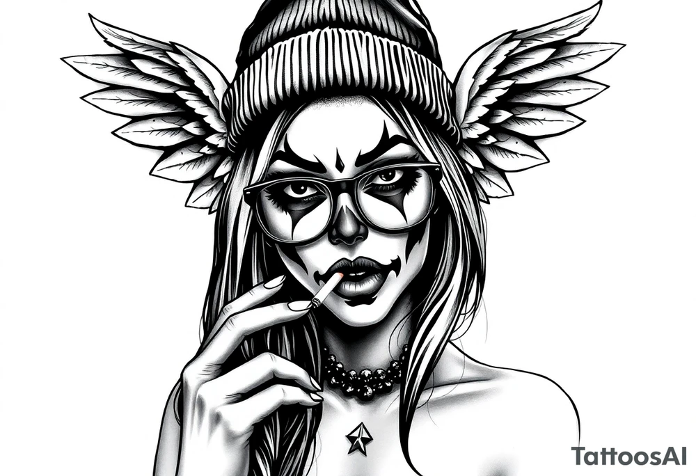 Chicana sexy beautiful long hair clown makeup angel wings thug beanie eyeglasses smoking a cigarette tattoo idea