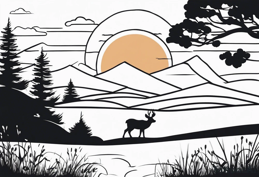 “Generate a minimalist tattoo showcasing a symmetrical scene of rolling hills and a rising sun, with small animals like deer or foxes incorporated into the design. tattoo idea