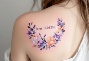 Small tattoo Eva 14. 08. 2019 – Lavender and soft peach blooms encircling Eva's birthdate, with silver glitter accents sprinkled throughout. tattoo idea