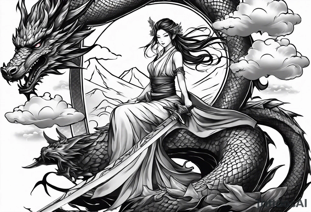 warrior beautiful fairy nymph with a full body with a sword and a full dragon with a mountain with clouds and a Japanese building background tattoo idea