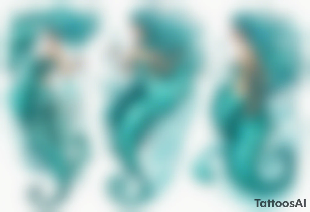a tall woman made of water with turquoise hair riding a seahorse tattoo idea