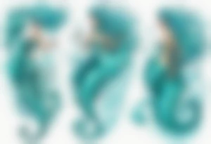 a tall woman made of water with turquoise hair riding a seahorse tattoo idea