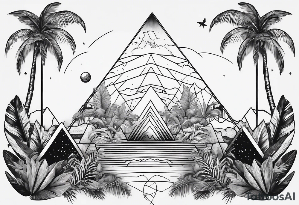 thick line art of space and jungle in triangle shape tattoo idea