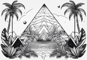 thick line art of space and jungle in triangle shape tattoo idea