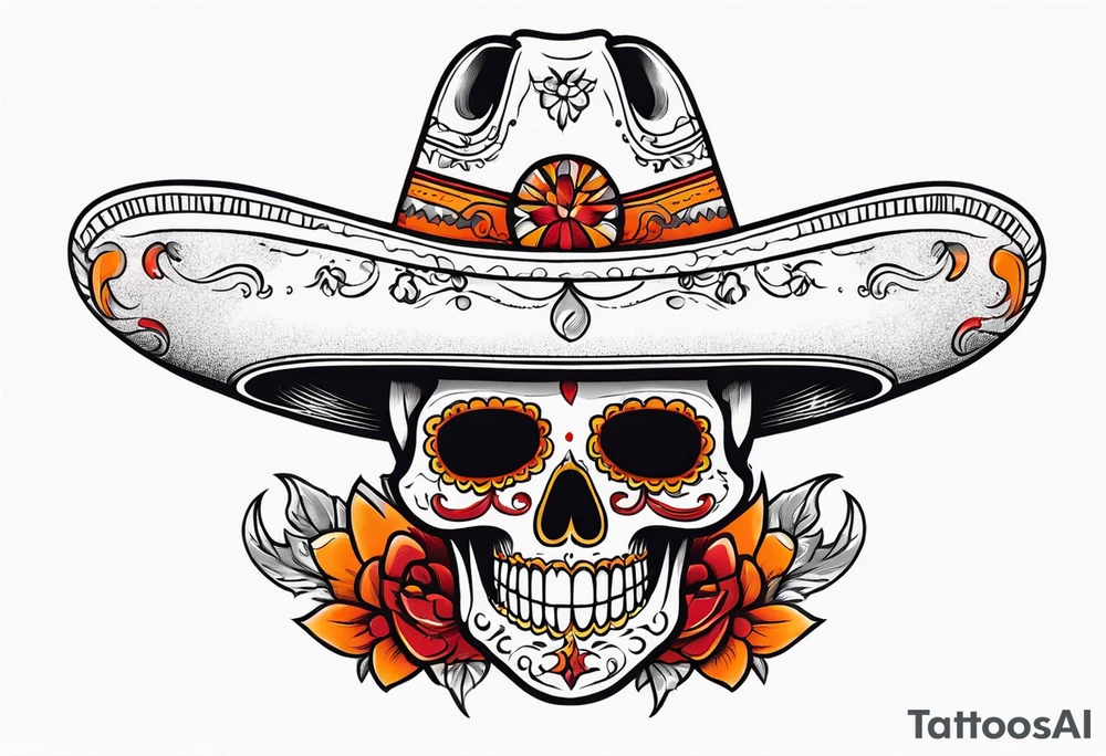 Mexican skull with sombrero with smoke coming out of the bottom orange and red tattoo idea