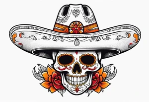 Mexican skull with sombrero with smoke coming out of the bottom orange and red tattoo idea