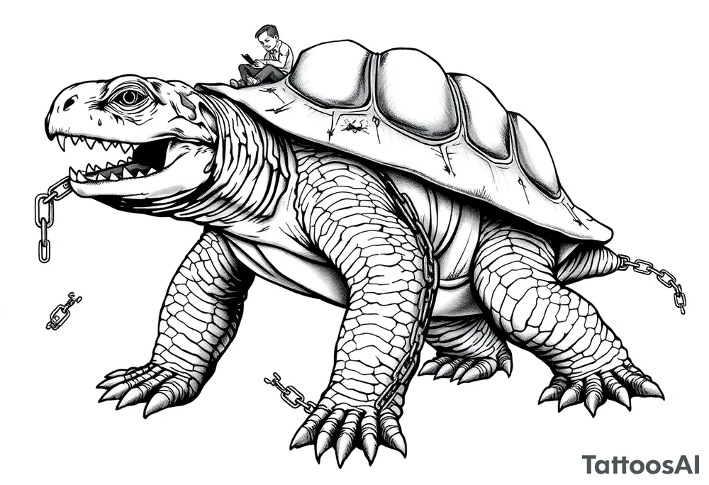 slaves on a chain leash and chains on the back legs of an angry turtle with huge teeth with a little man riding on his back tattoo idea
