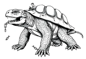 slaves on a chain leash and chains on the back legs of an angry turtle with huge teeth with a little man riding on his back tattoo idea