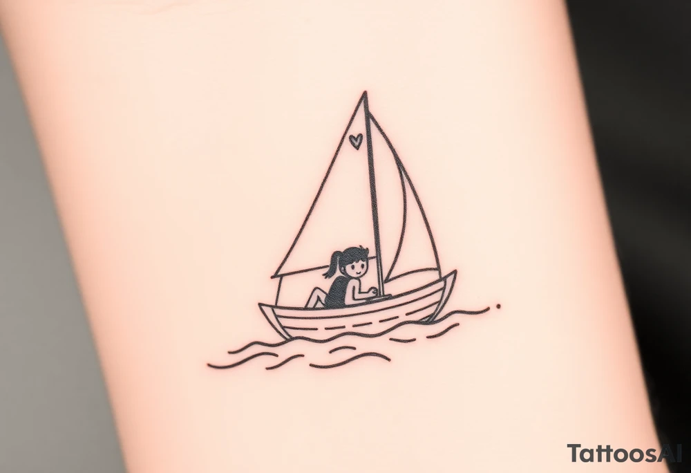 Create a simple sailboat sailing on the ocean. Add a boy and a girl in the boat. Add a heart. tattoo idea