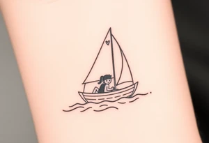 Create a simple sailboat sailing on the ocean. Add a boy and a girl in the boat. Add a heart. tattoo idea