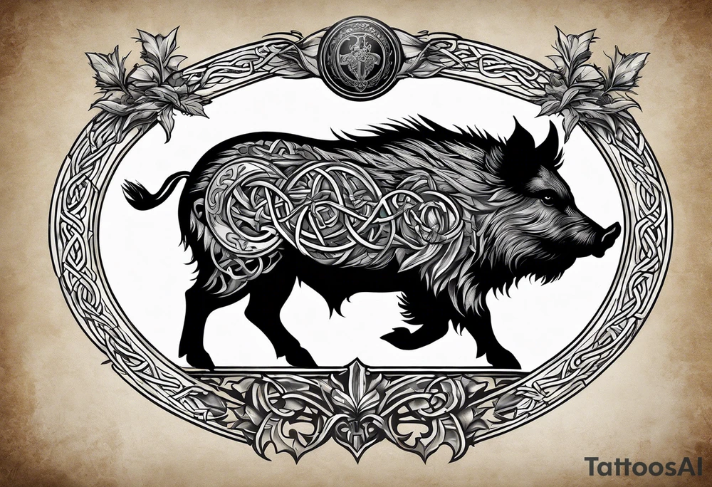 chatwin family crest In background, Side profile, tribal Celtic wild boar Viking style tattoo. With Thistle’s. Fierce wild boar tattoo idea