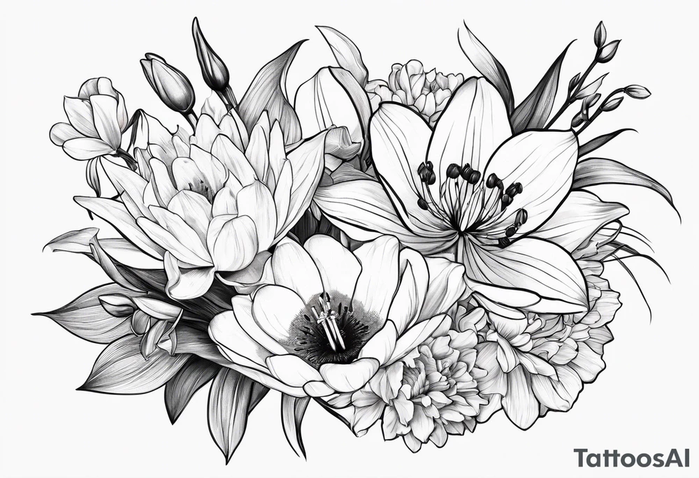 A small, line work bouquet of flowers with a water lily, gladiolus, poppy, lily of the valley, daffodil, and a honey suckle. With long stems and tied with a bow tattoo idea