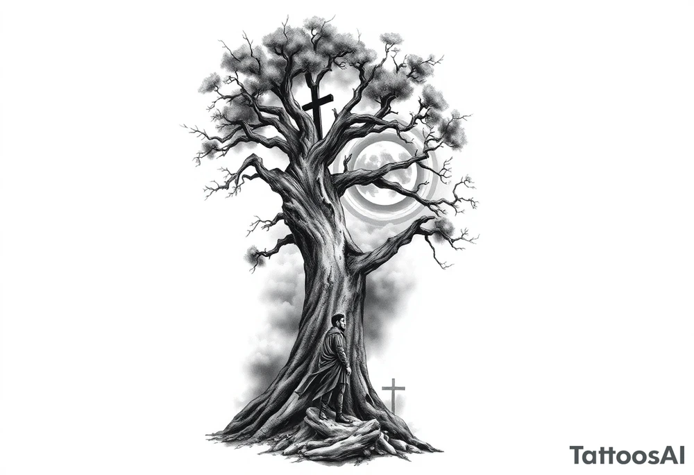 A highly detailed black and grey realism tattoo sleeve design that tells a story of faith, family, and perseverance. A large, deeply rooted tree with strong branches represents family and growth. Within the bark of the tree, hidden images of hands clasped together and a father guiding a child can be seen. A distant cross glows subtly through a stormy sky, symbolizing divine guidance. A warrior stands at the base of the tree, looking toward the cross, representing endurance through hardship. The design blends realism and abstract elements, with deep shadows at the base fading into light near the shoulder. tattoo idea