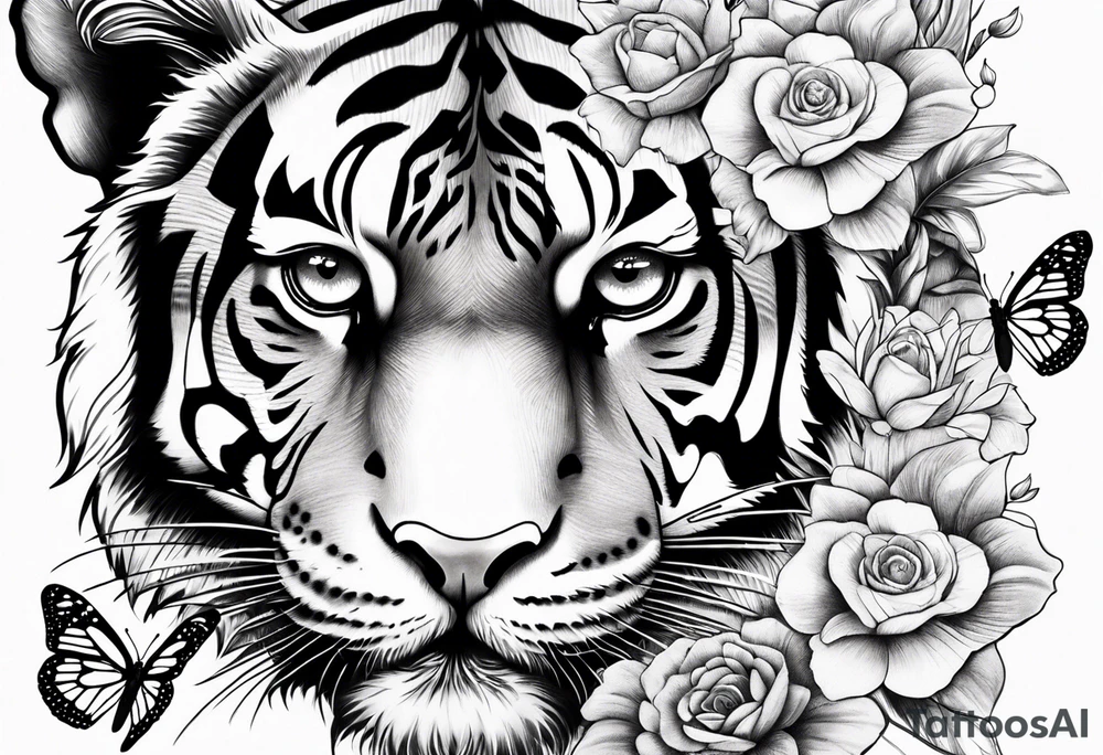 realistic tiger face, 3 butterflies, flowers for ladies thigh / hip shaded tattoo idea