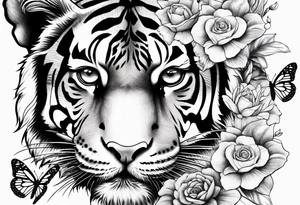 realistic tiger face, 3 butterflies, flowers for ladies thigh / hip shaded tattoo idea