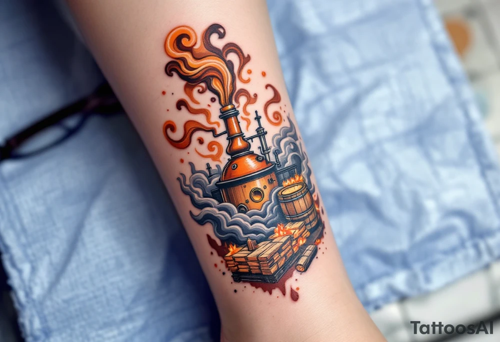 Distillery Scene – A detailed tattoo of an old copper still, with swirling steam clouds, barrels, and stacked firewood in burnt orange and smoky gray palette. tattoo idea