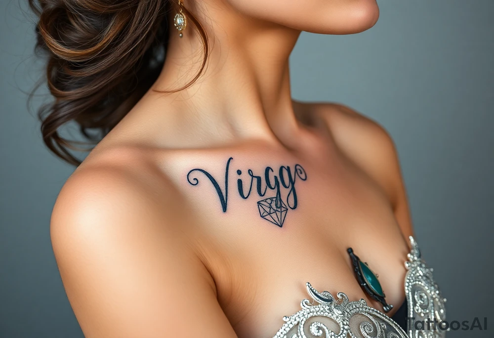 A celestial woman with glowing silver tattoos on her skin with word virgo tattoo idea