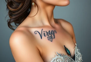 A celestial woman with glowing silver tattoos on her skin with word virgo tattoo idea