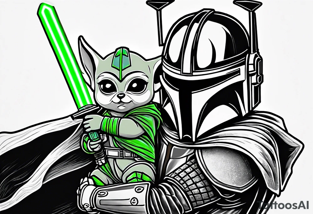 Baby grogu wearing mandalorian armor fighting Darth vader while wielding a green lightsaber tattoo idea