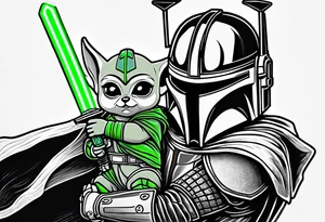 Baby grogu wearing mandalorian armor fighting Darth vader while wielding a green lightsaber tattoo idea