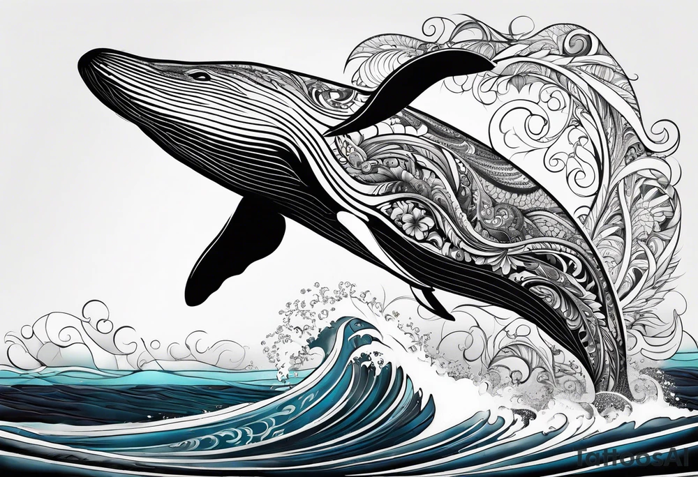 Hawaiian whale breaching vertical paisley tattoo idea