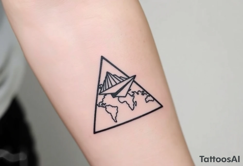 Geometric small triangle with a paper plane flying around the world while being psychedelic with fine thin lines tattoo idea