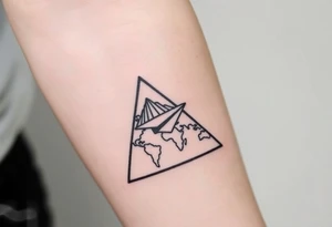Geometric small triangle with a paper plane flying around the world while being psychedelic with fine thin lines tattoo idea