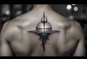 trident half way under calm water at sunset with topless woman tattoo idea