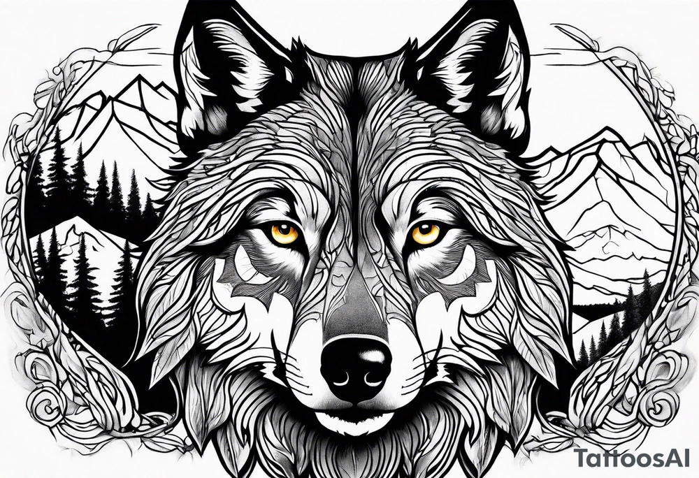 Mountains, wolf eyes underneath tattoo idea