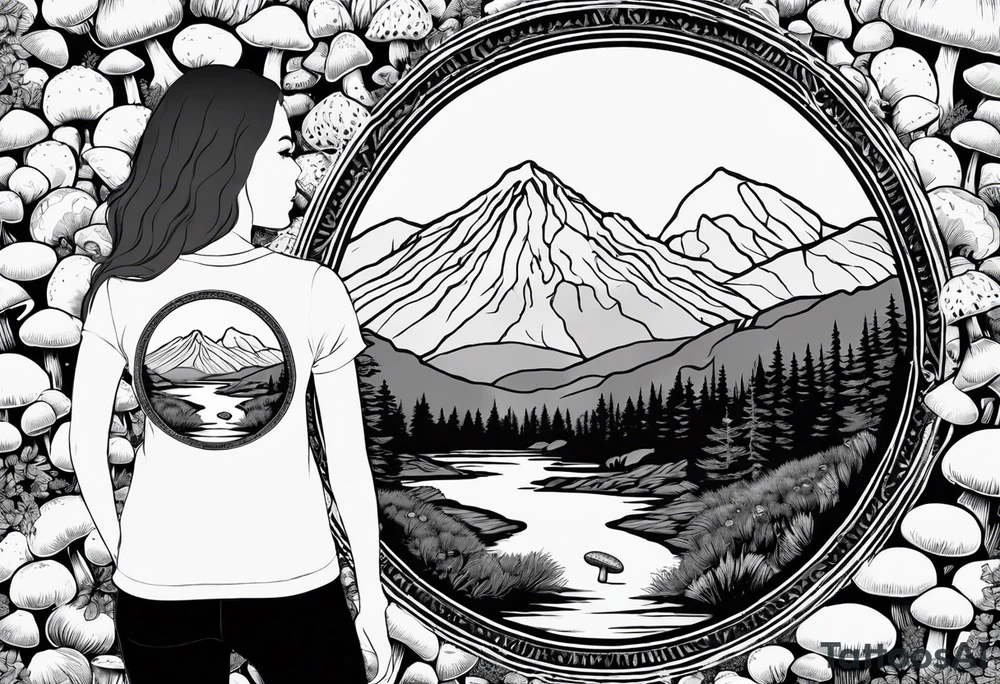 Whole picture encircled fully

Straight long blonde hair hippie girl in distance holding mushrooms in hand facing away toward mountains and creek surrounded by mushrooms tee shirt and hiking pants; whole rendering within a full circle, no cut off circle tattoo idea