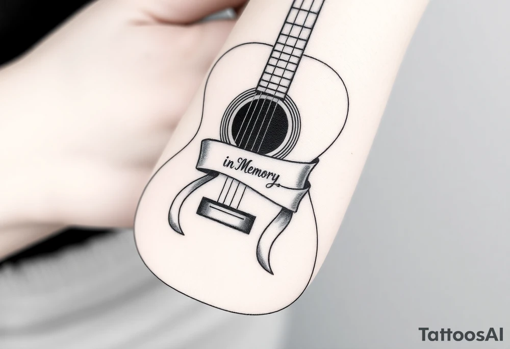 Accustic Guitar with ribbon wrapped around with In Loving Memory inside ribbon tattoo idea