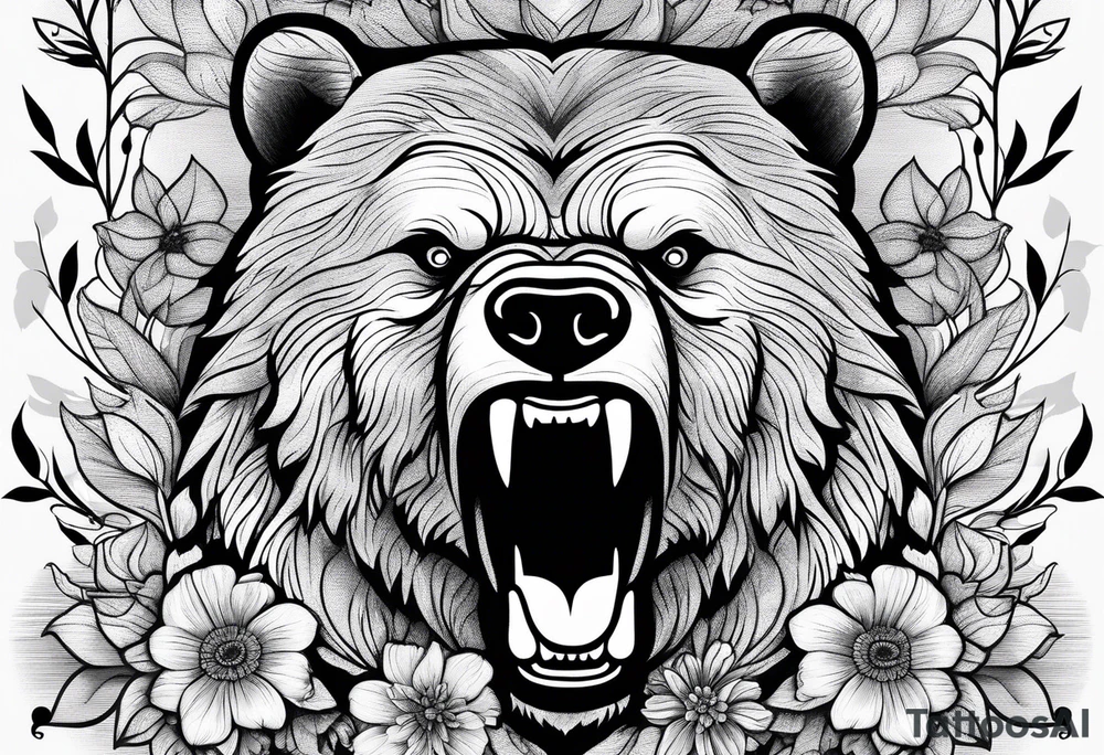 angry bear leaves and flowers, different seasons tattoo idea