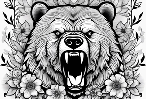 angry bear leaves and flowers, different seasons tattoo idea