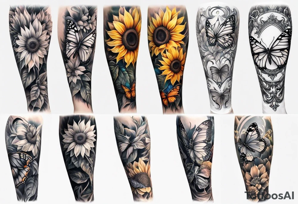 Sunflower and butterfly leg sleeve tattoo idea