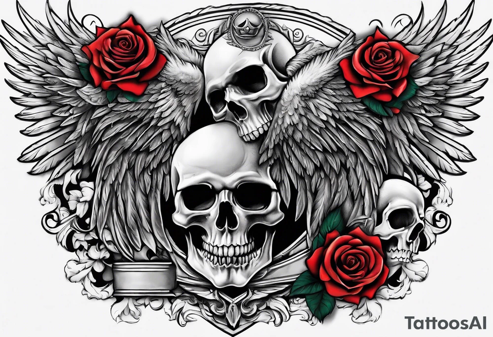 Armored angel with a skull and colored rose tattoo idea