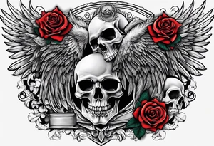 Armored angel with a skull and colored rose tattoo idea