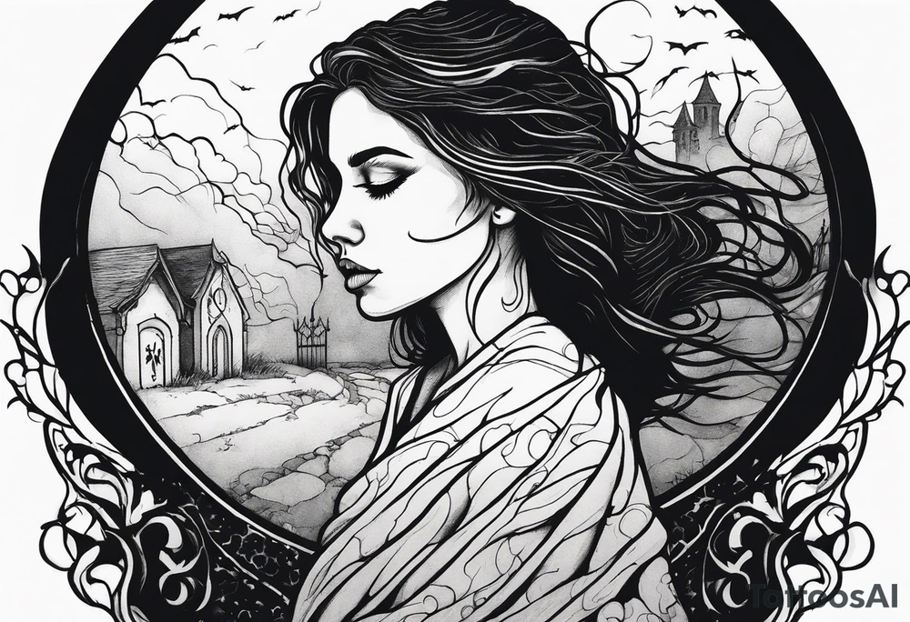 Courageous Woman with a tear running down her face walking out of a graveyard  leaving her old terrifying, scary, violent past behind her ethereal and mysterious tattoo idea