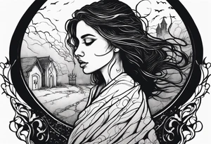 Courageous Woman with a tear running down her face walking out of a graveyard  leaving her old terrifying, scary, violent past behind her ethereal and mysterious tattoo idea