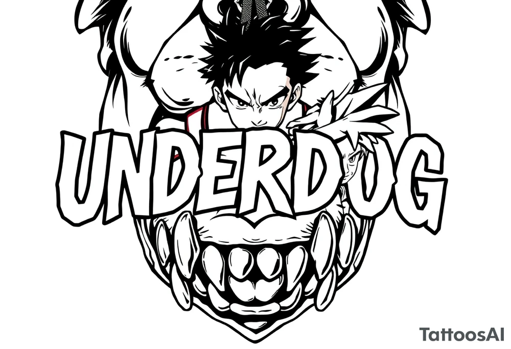 the word underdog with dog teeth connected to the bottom in a with 3 anime characters Ippo and Naruto and son Goku tattoo idea