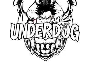 the word underdog with dog teeth connected to the bottom in a with 3 anime characters Ippo and Naruto and son Goku tattoo idea