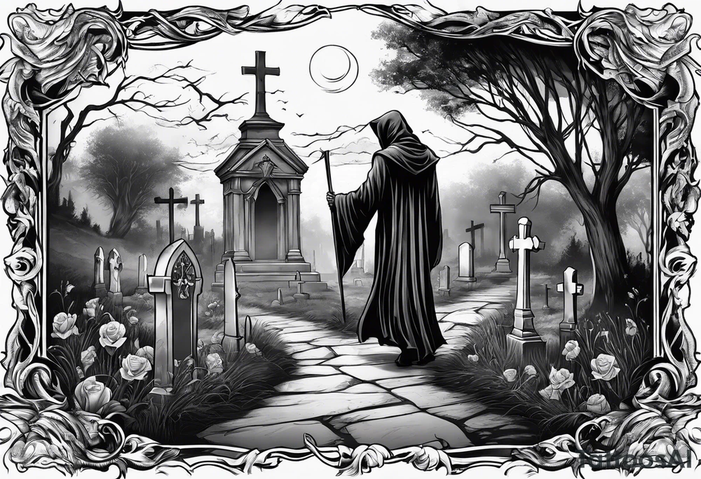 grim reaper walking cemetery tattoo idea